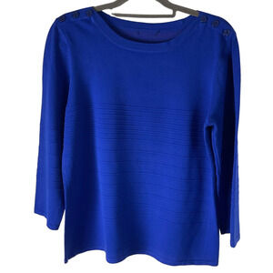 Women's Blue Sweater Size Medium Button Shoulder Detail Ribbed Front Viscose